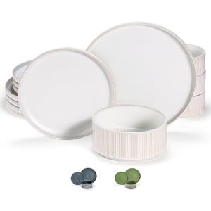 Ceramic Dinnerware Set, by Vase and Vessel, 12-Piece Service for 4, 9.8” Dinner Plates, 8” Salad Plates, 20 oz Bowls, Ombre Reactive Glaze, Durable Stoneware, Microwave & Dishwasher (Powder White)