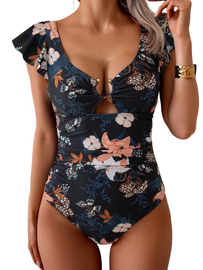 SweatyRocks Women's Y2K Cute Tankini Swimsuits Ruffle Flowy High Waisted Two Piece Bathing Suit Polka Dots Black Large