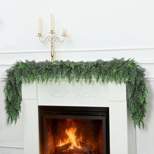 6Ft Realistic Artificial Cedar Pine Garland - Thick Lush Full Faux Greenery Garland for Fireplace Mantle, Indoor Outdoor Christmas Holiday Home Party Decorations