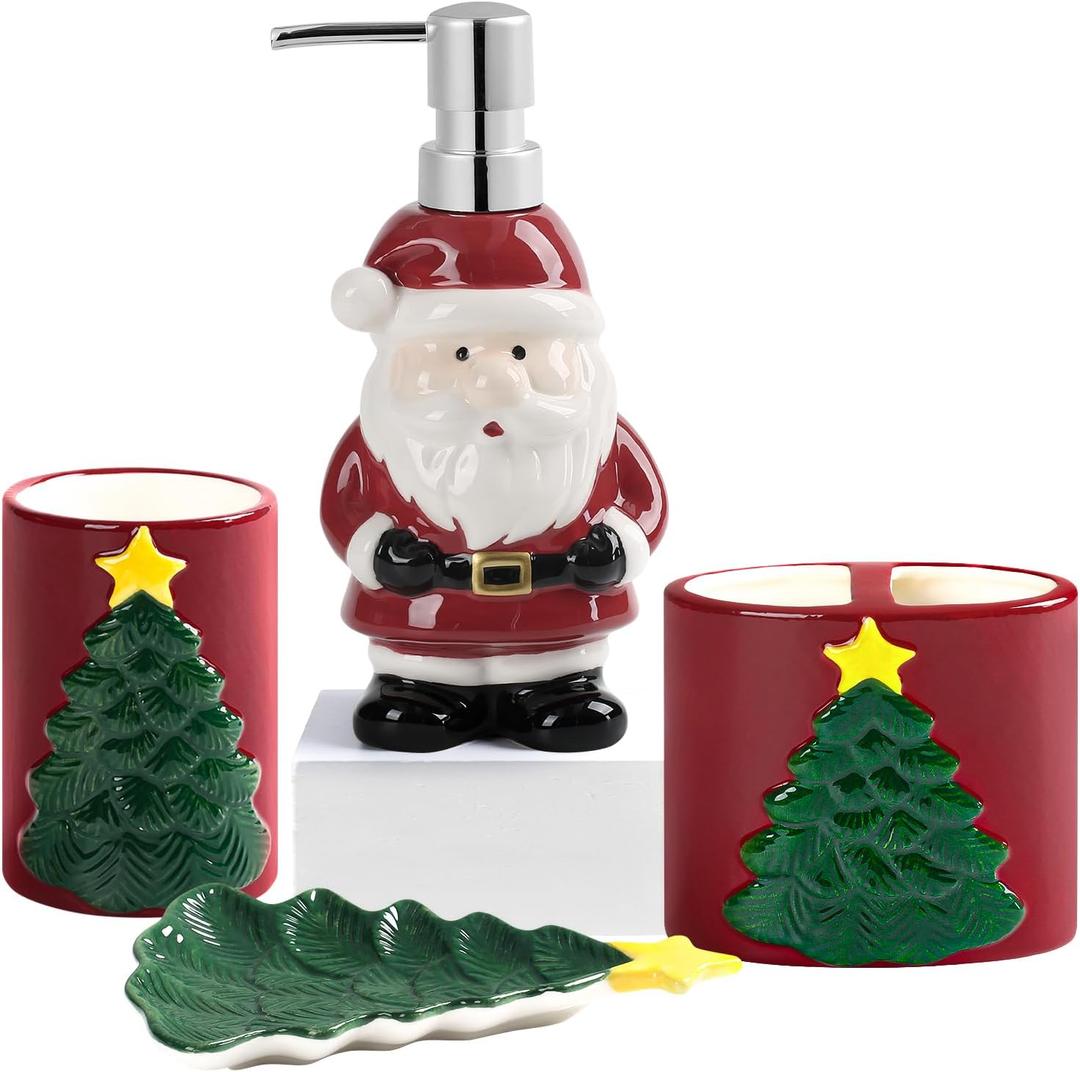 RQYIXI Merry Christmas Bathroom Accessories Set 4 Pieces Toothbrush Holder Soap Dispenser Ceramic Bathroom Accessory Set Contain Toothbrush Cup Soap Dish Tumbler