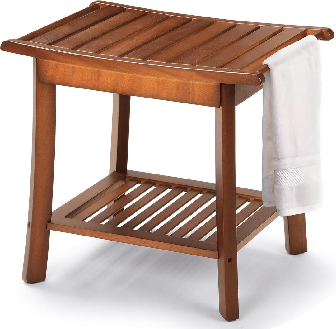 Rengue Teak Shower Bench 2-Tier Wood Shower Bench with Storage and Towel Rack, Bathroom Shower Seat Stool, 23.7 x 12.9 x 18.4 Inches, Ideal for Indoor Use Rengue Teak Shower Bench 2-Tier Wood Shower Bench with Storage and Towel Rack, Bathroom Shower Seat Stool, 23.7 x 12.9 x 18.4 Inches, Ideal for Indoor Use