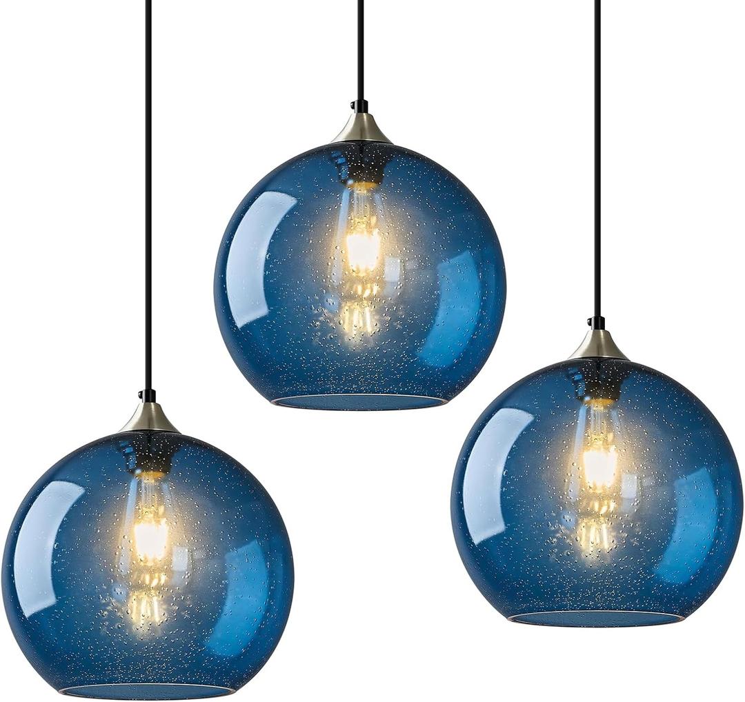 Modern 3-Pack Glass Globe Pendant Lights, Blue Modern Pendant Lighting for Kitchen Island, Clear Glass Hanging Lamps for Dining Room Living Room Bedroom, Small 5.9 Inch Fixture (Bulbs Not Included)