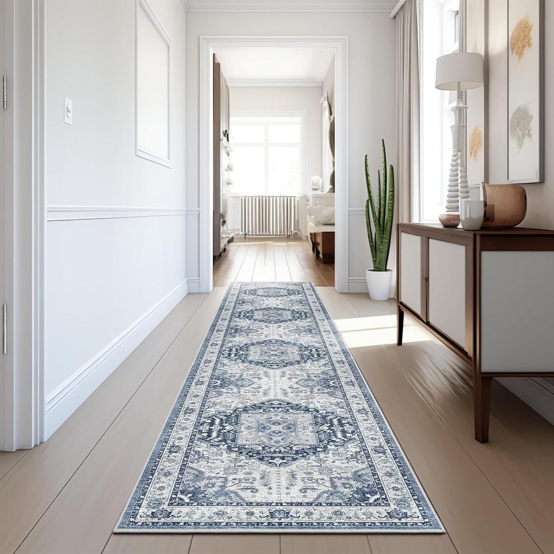 Madane Hallway Washable Runner Rug - 2x10 Kitchen Rugs Entryway Rug Runner Vintage Soft Floor Mat Non Slip Indoor Farmhouse Carpet for Bathroom Living Room Bedroom (2 X 10, Navy/White)