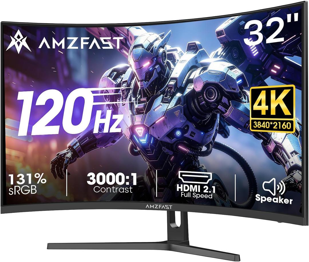 Amzfast 32" 4K 120Hz Curved Gaming Monitor, 3840x2160 UHD, PIP/PBP, Adaptive Sync, 131% sRGB, 3000:1 Contrast,HDR, 300nits, 1500R, HDMI2.1(VRR)& DP1.4, Built-in Speaker, Eyes Care, VESA Mount