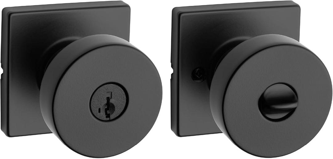 Kwikset Pismo Entry Door Knob with Lock and Key, Secure Keyed Handle Exterior, Front Entrance and Bedroom, Matte Black, Pick Resistant SmartKey Rekey Security and Microban, Square Rose