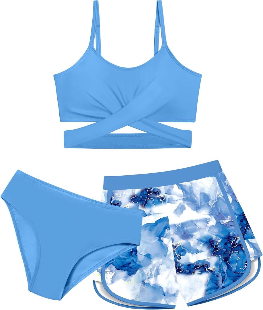 Girls Swimsuit 3 Piece Bathing Suit Criss Cross Bikini Set Girls' Swimwear with Shorts 7-16T (7-8 Years, Blue)