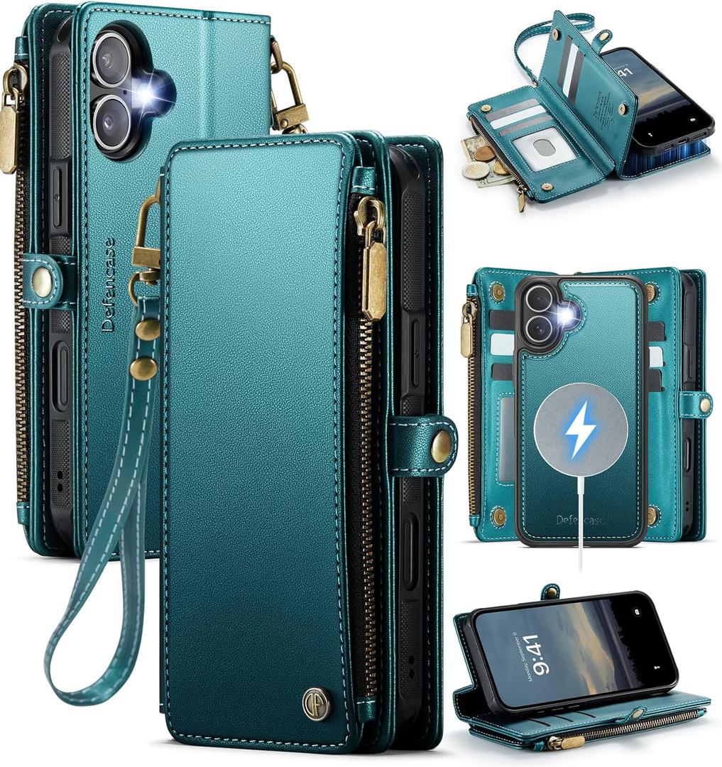 Defencase for iPhone 17 Magnetic Wallet Case Compatible with Magsafe with RFID Blocking Zipper Pocket & Card Holder for Women Men PU Leather Strap Detachable Case for iPhone 17 (6.3 inch), Blue Green