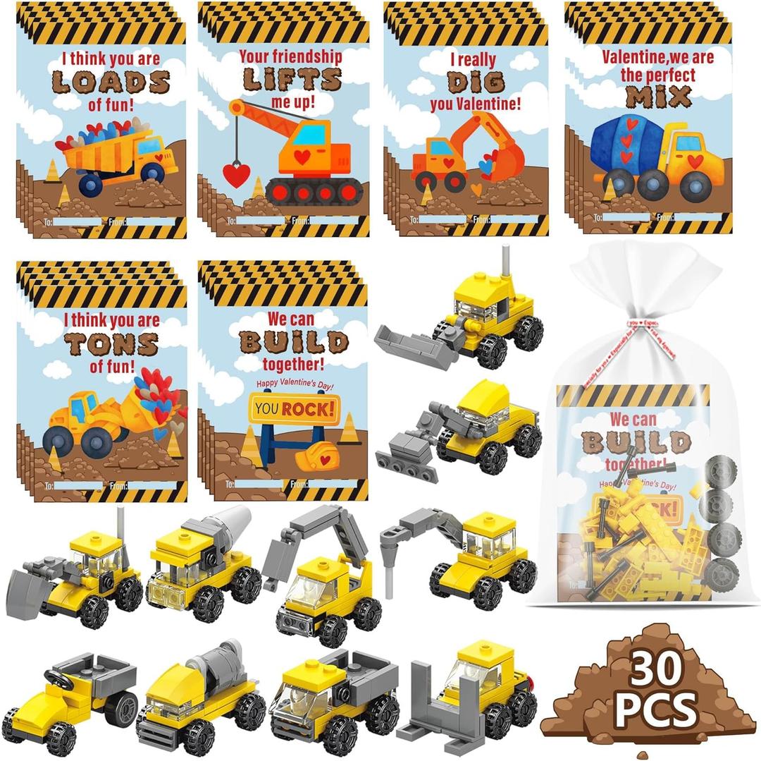 Valentines Day Cards for Kids School - 30 Pack Construction Truck Building Block Valentines for Class, Construction Valentine Cards for Student Boys & Girls, Valentine Gift for Kids Classroom Exchange