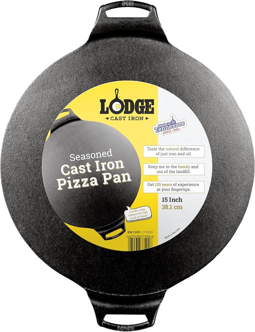 Lodge Seasoned Cast Iron Pizza Pan - Pre-Seasoned, Round Pizza Pan with Dual Assist Handles - Even Heat Distribution- PFAS-Free, Non-Toxic Cookware - Oven Safe - 15 Inch