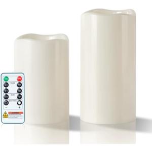 5plots 4"6" 8" Large Outdoor Waterproof Flameless Candles Ivory White with Timer & Remote, Battery Operated LED Flickering Pillar Candles for Patio Porch Halloween Christmas Lantern, Set of 2