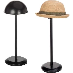 MyGift Black Metal Freestanding Wig Holder and Hat Rack Stand with Dome Shape and Adjustable Height, Set of 2
