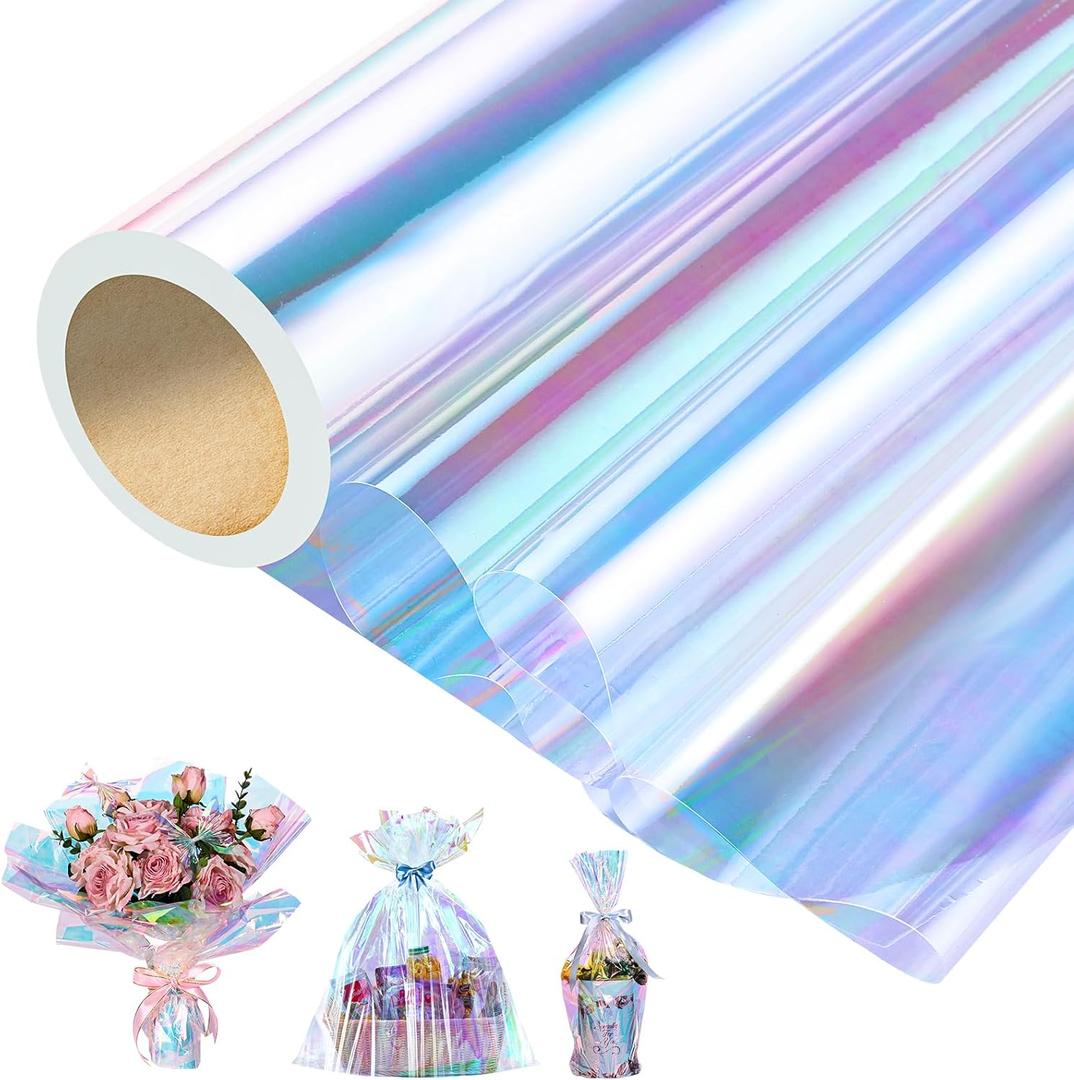 woric Iridescent Cellophane Wrap for Gift Baskets 82 Ft X 17 In Cellophane Wrap Roll Gift Basket Wrapping Plastic for Valentine's Day Candy Treats Flower Birthday Gifts DIY Crafts (Iridescent Blue)