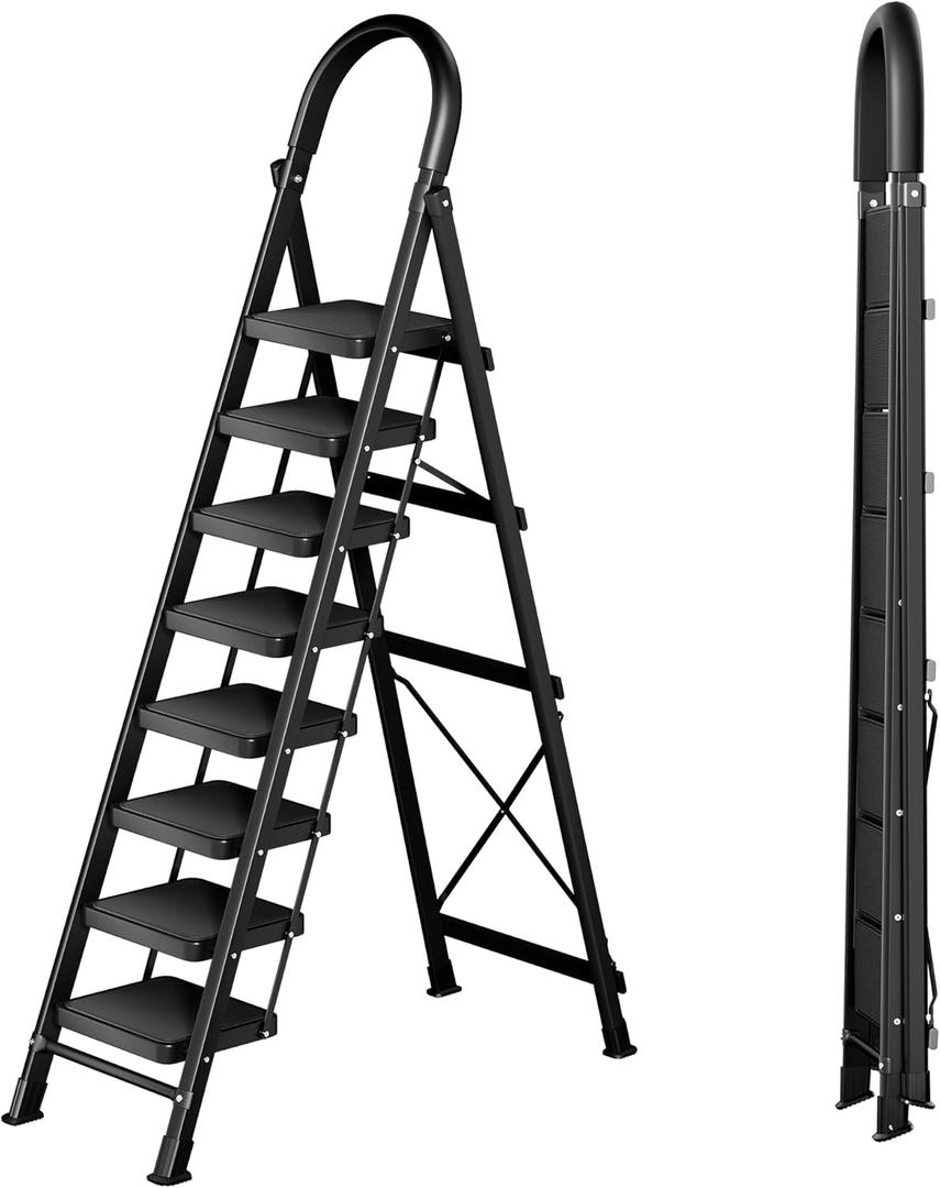 8 Step Ladder with Handrails, 330LBs Capacity Folding Step Stool with Anti-Slip Wide Pedals - Perfect for 12ft High Ceilings, Home Kitchen Pantry Office Use, Black