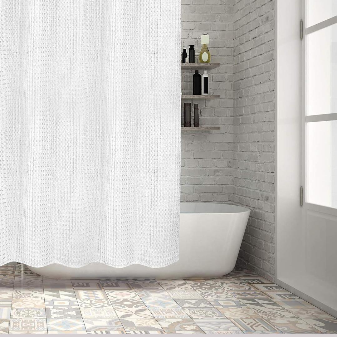 White Waffle Weave Shower Curtain, Heavyweight 100% Cotton Fabric, Luxury Hotel Spa Quality, 72 x 72
