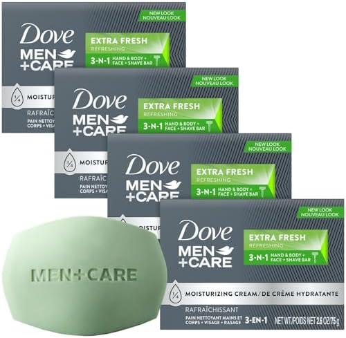 Dove Men+Care Soap Bar, Extra Fresh Scent 4-Pack – Hydrating 3-in-1 Body, Hand, and Face Cleanser for Men, 2.6 Oz Ea