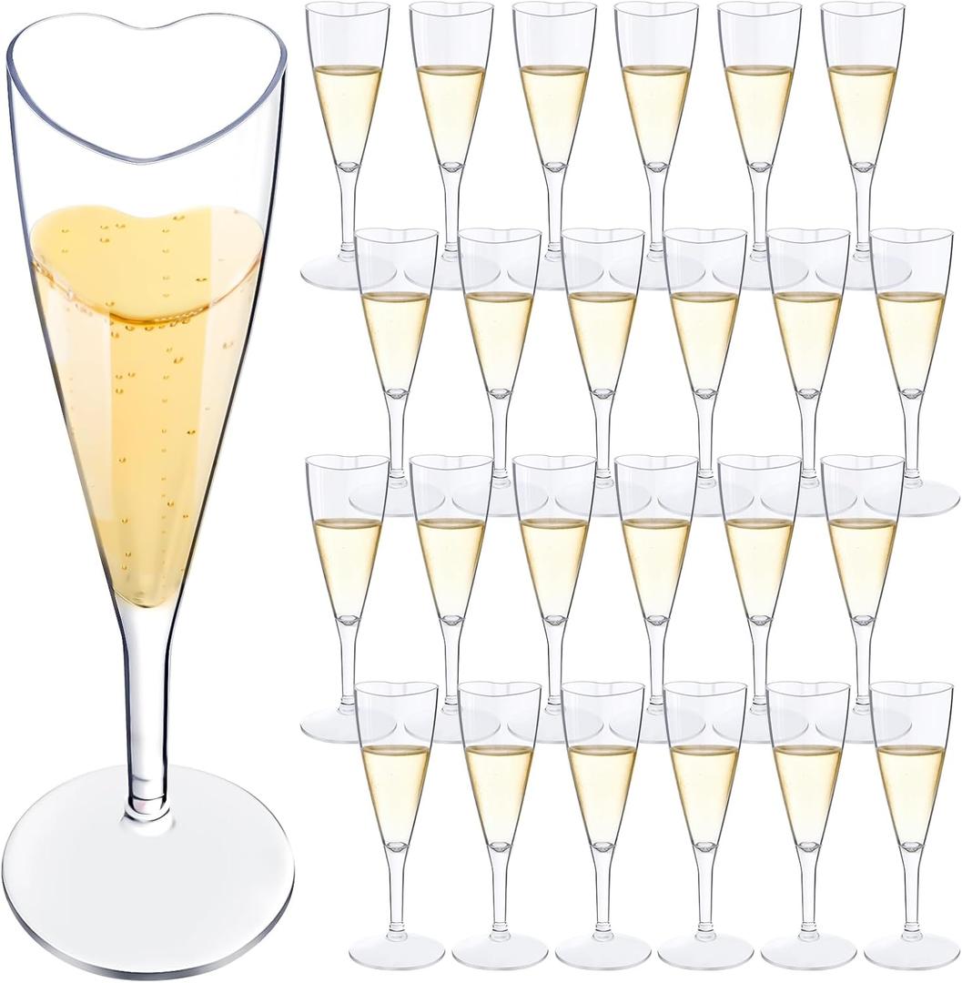 FillTouch 24 Pcs Heart Shaped Champagne Flutes Wedding Plastic Goblet Cups 4.4oz Disposable Toasting Glasses Wine Cups for Galentine Bachelorette Wedding Bridal Shower Party(Clear,Transparent)