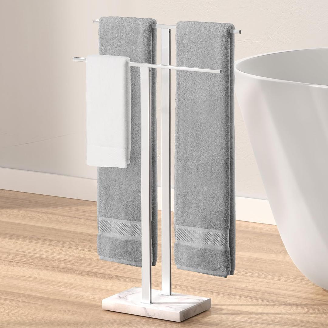 KES Standing Towel Rack with Marble Base, 2-Tier 33” H Polished Silver