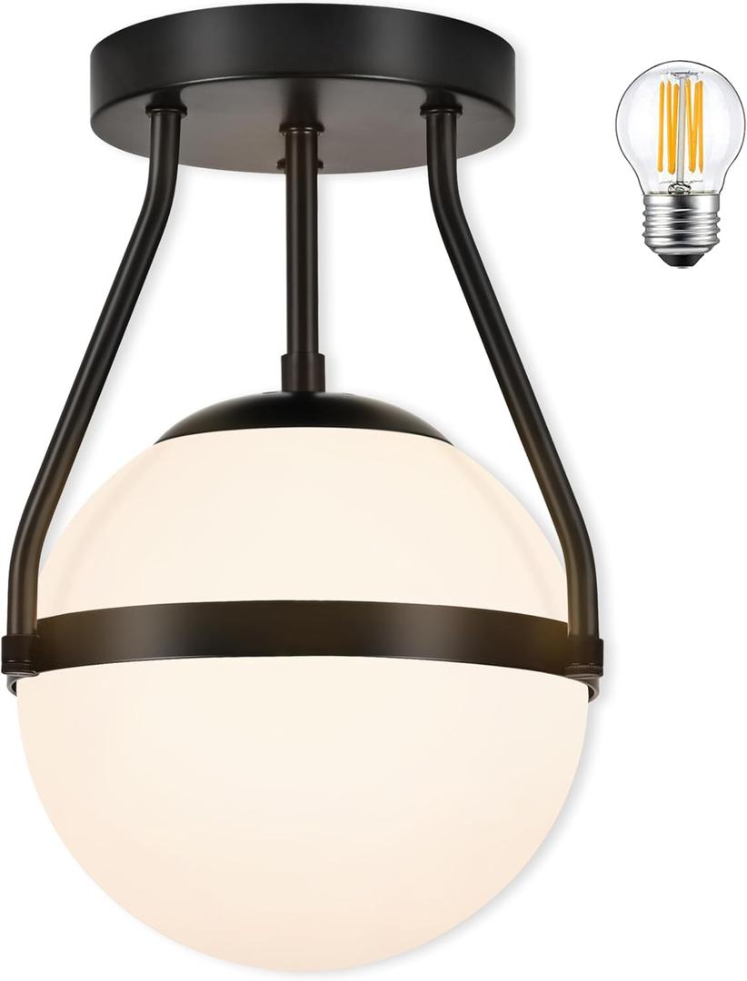 Bagood Globe Semi Flush Mount Ceiling Light Mid Century Modern 6" Globe Ceiling Light Fixture with Milk Glass Shade Black Finish for Living Room Hallway Kitchen Island Dining Room Laundry (Bulb Incl.)