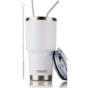 DS 30oz White Tumbler Stainless Steel Double Wall Vacuum Insulated Mug with Straw and Lid, Cleaning Brush for Cold and Hot Beverages (30oz White)
