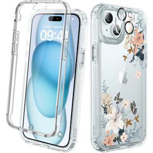 Diaclara Designed for iPhone 15 Case, Full Body Rugged Case with Built-in Touch Sensitive Anti-Scratch Screen Protector, with Camera Lens Protector for iPhone 15 6.1" (Lily) Butterfly
