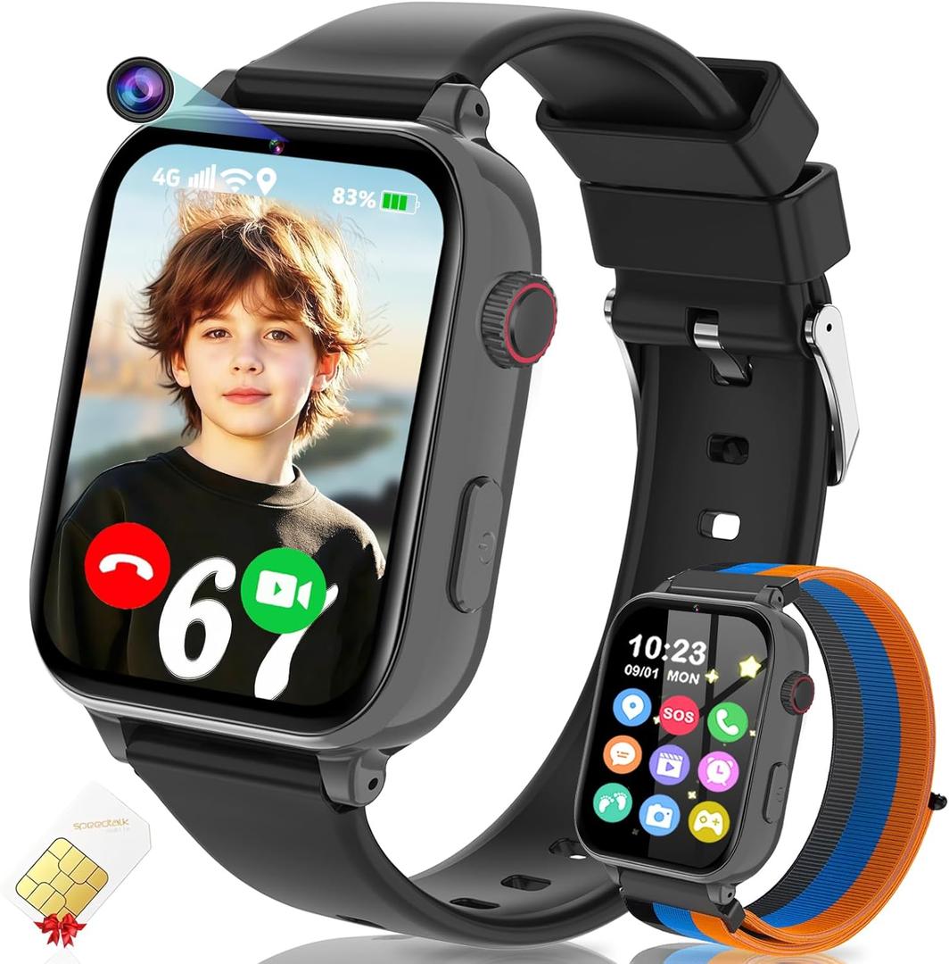 4G Kids Smart Watch GPS Tracker, Smartwatch for Kid with Video Calling, Voice Chat, Class Mode, SOS , Pedometer, Alarm, Games, SIM Card HD Touch Screen Phone Watch Gift for 4-12 Girls Boys, Black