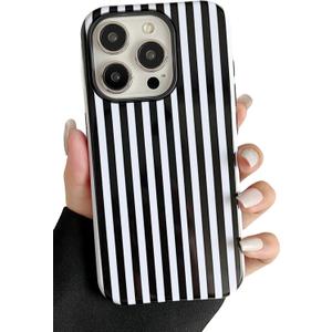 Longlayss Compatible with iPhone 15 Pro Max Case Cute Aesthetic Striped Phone Case for Women Girl Shockproof Slim TPU and Hard PC Protective Cover (Black)
