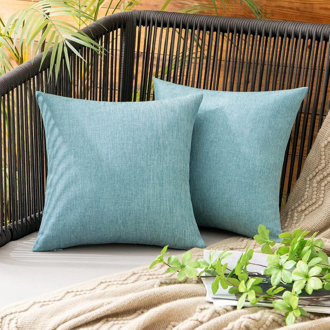 MIULEE Pack of 2 Decorative Outdoor Solid Waterproof Throw Pillow Covers Faux Linen Garden Farmhouse Coastal Cushion Cases for Summer Patio Tent Balcony Couch Sofa 12x12 Inch Turquoise