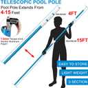 CKE Upgraded 15 Feet Thicken 1.3mm Blue Aluminum Telescoping Swimming Pool Pole,Adjustable 3 Piece Expandable Step-Up,Attach Connect Skimmer Nets,Rakes,Brushes,Vacuum Heads with Hoses, Universal 1.25"
