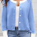 UNCLECAT Women's Cropped Cardigan Sweaters Fall Long Sleeve Open Front Cardigans Button Down Color Block Knit Outwear Coats (Blue, XXL)