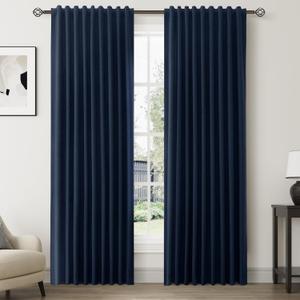 Navy Blue Linen 100% Blackout Curtains for Bedroom 84 Inch Length 2 Panels Set Back Tab Pocket Neutral Farmhouse Living Room Darkening Curtain Track System Thermal Insulated Black Out Drapes 52x84