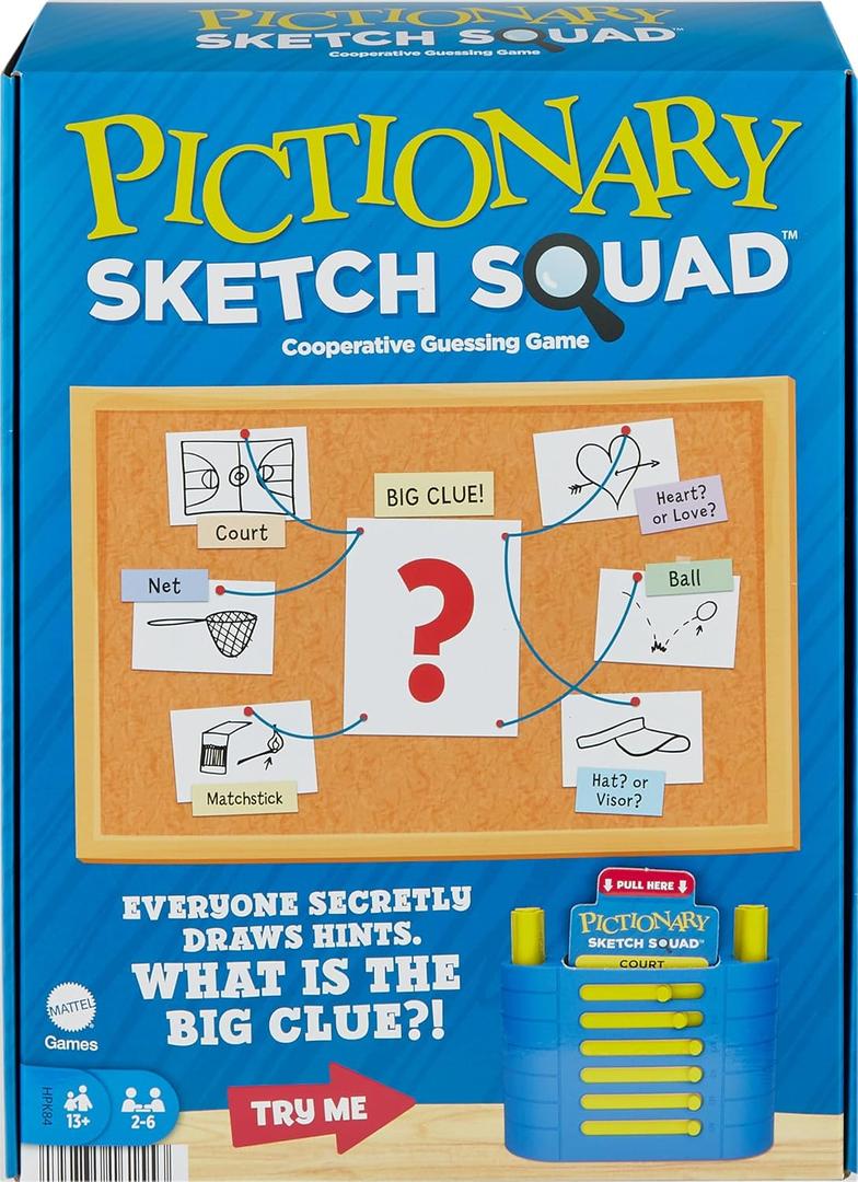 Mattel Games Pictionary Sketch Squad Cooperative Party Game with Clues Case, 2- to 6-Player Drawing Game