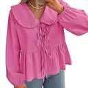 ZESICA Women's Tie Front Peplum Tops Long Puff Sleeve Lapel Collar Cute Babydoll Blouses Shirts, Hot Pink, Small
