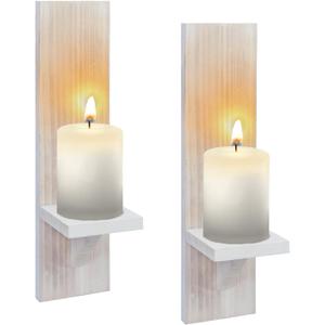 Wall Candle Sconces Set of Two, Wash White Wood Wall Candle Holder Decor, Farmhouse Wooden Candle Holder Decor for Fireplace, Hallway, Living Room, Bedroom