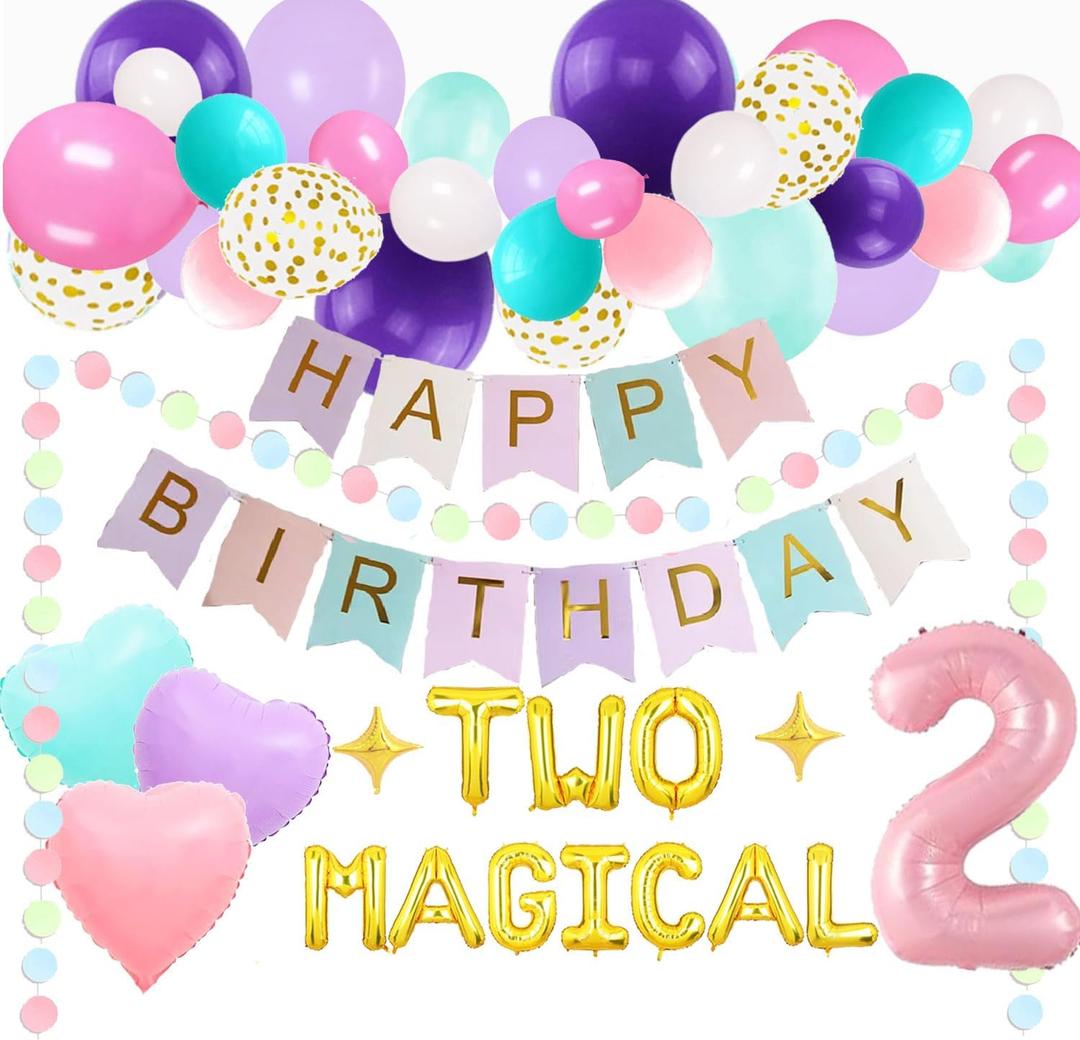 Two Magical Birthday Decorations, Unicorn 2nd Birthday Decorations, Two Magical Unicorn Bday Decorations for Girls 2, Second 2 Years Old Bday Banner Balloons Backdrop Party Ideas Supplies Favors