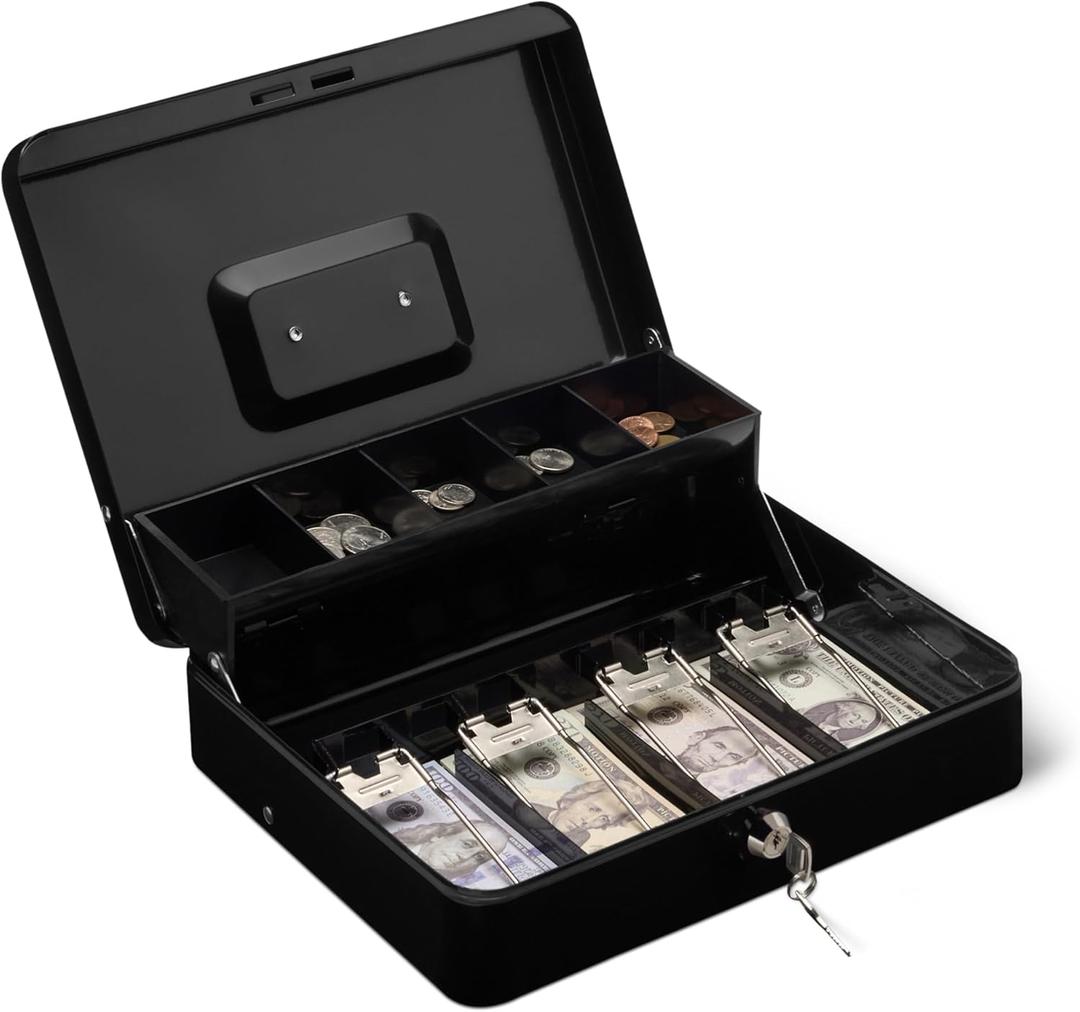 Amazon Basics Cash Box with Lock Key, Money Organizer Tray, 11.81" x 9.45" x 3.54", Black
