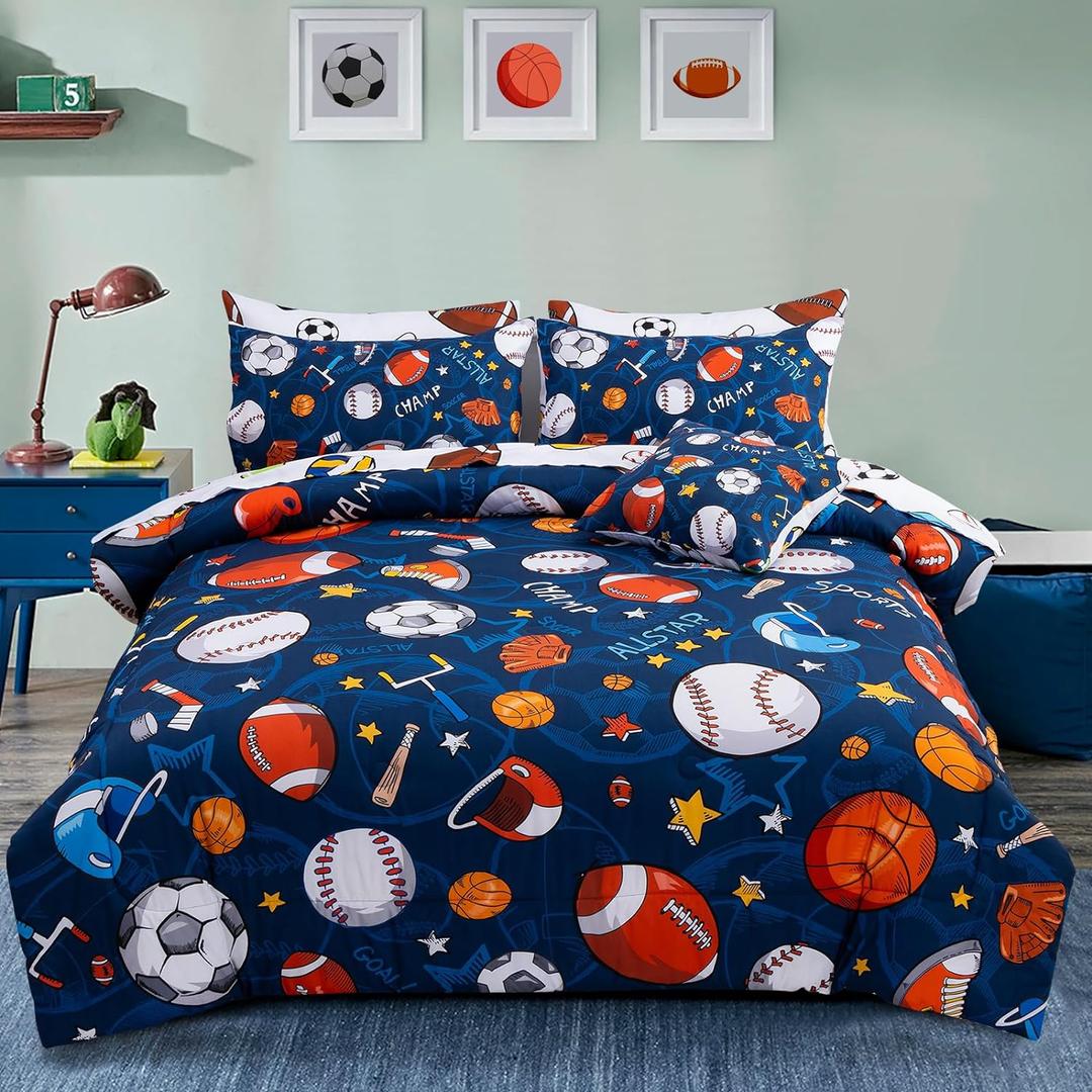A Nice Night 6Pcs Bed in A Bag Full Sports Microfiber Modern Comforter Set,Navy Rugby Ball Printed Bedding Collections,for Boys Kids Teen