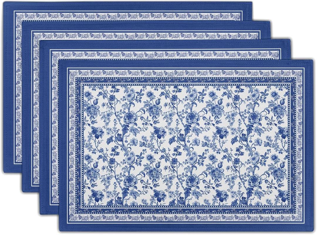 Blue Floral Branches Placemats Set of 4 12 x 18 Inch Chinoiserie Table Mats Washable Heat Resistant Linen Fabric Rectangle Place Mat for Indoor Outdoor Kitchen Dining Home Decor