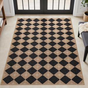Checkered Easy Jute 3x5 Outdoor Patio Rug, Washable Non Slip Rugs for Entryway,Textured Diamond Indoor Outdoor Living Room Carpet, Farmhouse Neutral Black Door Rug for Backyard Bedroom