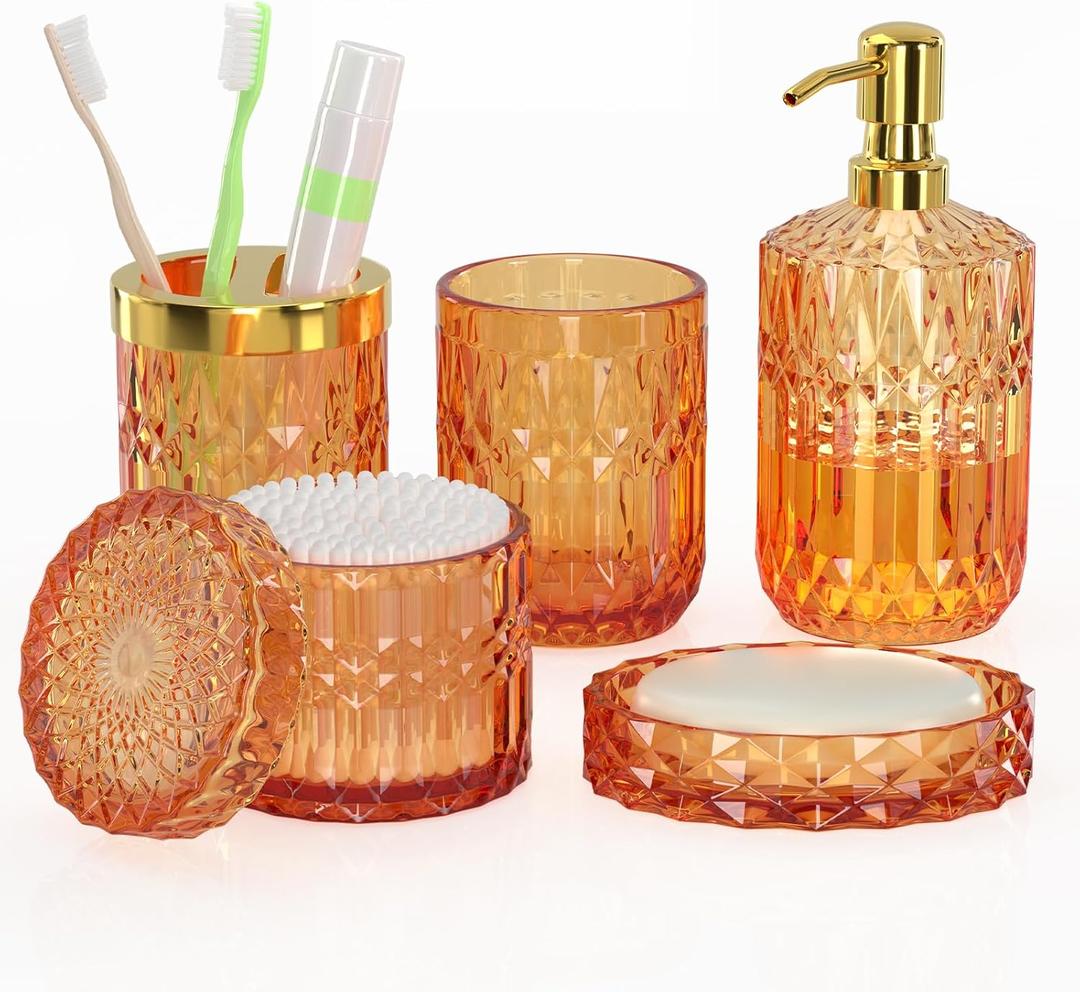 Orange Bathroom Accessories Set, 5 Pcs Clear Glass Bathroom Accessories with Lotion Soap Dispenser, Soap Dish, Toothbrush Holder, Tumbler, Cotton Swab Jars