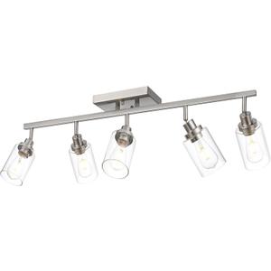MELUCEE 5 Light Bathroom Light Fixtures Multi-Directional Rotating Track Lighting Kit Brushed Nickel, Ceiling Spotlight Fixture for Kitchen Foyer Bath, Clear Glass Shade