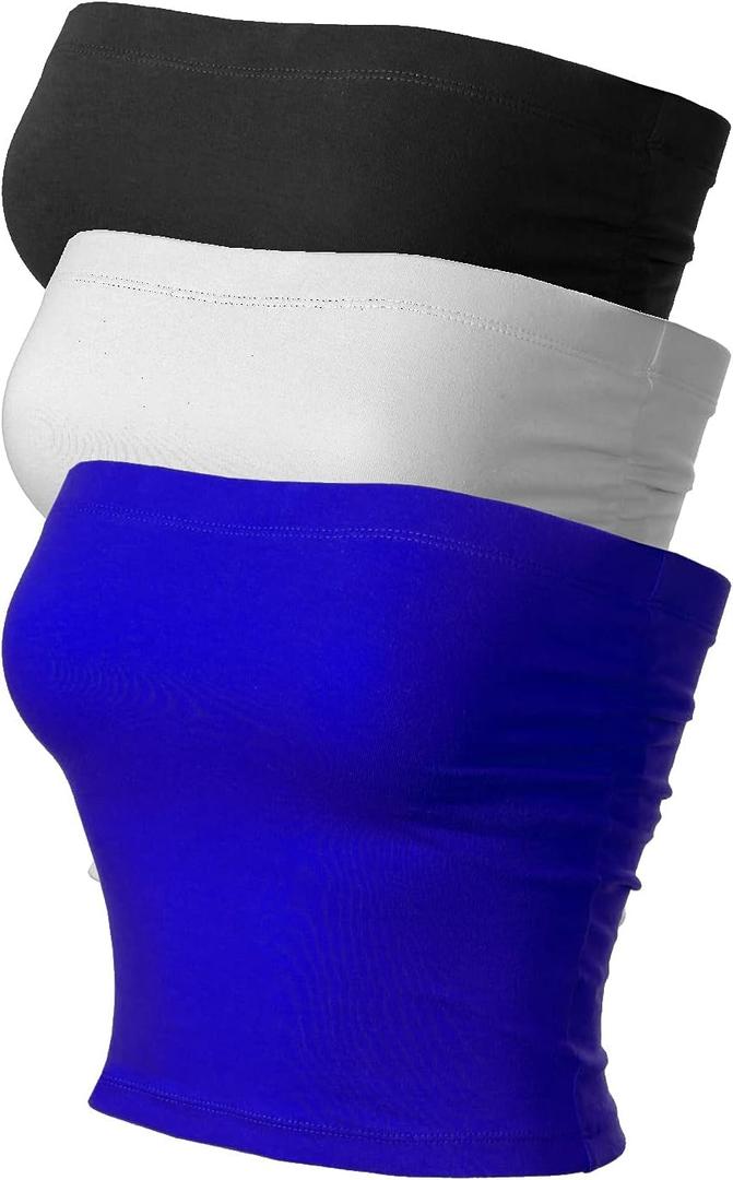 MixMatchy Women's 2 Pack Casual Summer Ruched Side Backless Double Layered Tube Top with Built in Shelf Bra (Large, 2pack - White/Royal)