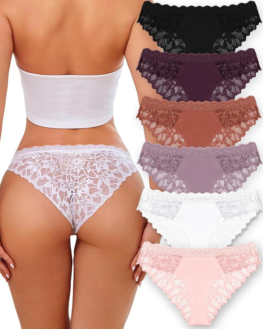 ROSYCORAL Sexy Underwear for Women Lace Cheeky Soft Hipster Low Rise Breathable Undies Cotton Bikini Panties 6 Pack (Medium, Black,purple,copper,dusky Mauve,white,peach)