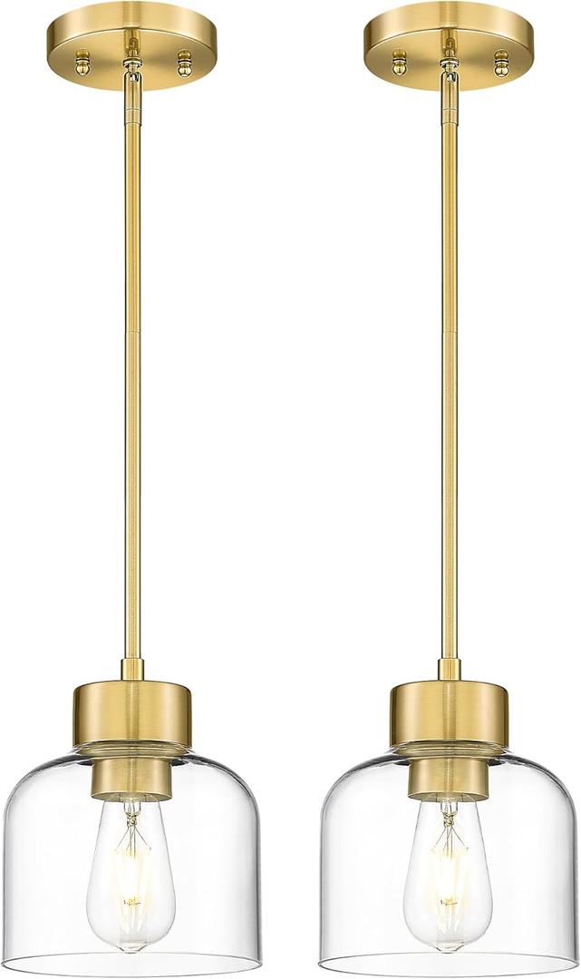 2-Pack Pendant Lights Kitchen Island, 7" Brushed Gold Hanging Lights Fixtures with Clear Glass Shade, Modern Brass Kitchen Pendant Lighting Over Island for Dining Room, AD-24024-1P2-GD