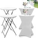 2Sets 32in Hightop Folding Cocktail Tables+Covers, White-Spandex Stretch Folding Bar Table Covers, Removable Legs Bar Height Folding Table Outdoor Indoor Use (2+2White/2Covers+2Tables), 32" X 43.51" X 32"