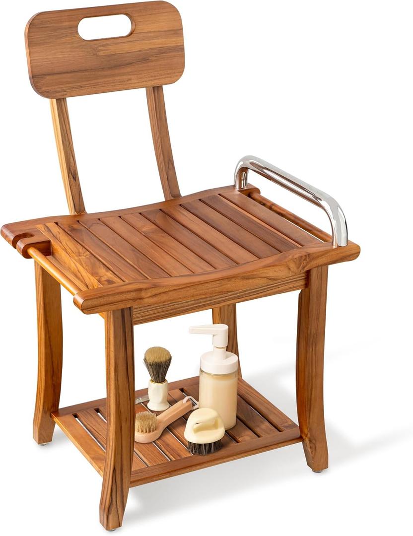Fun Memories Teak Shower Bench Seat with Handles and Backrest, 19" Solid Wood Shower Stool Waterproof Shower Seat with Storage for Inside Shower Legs Shaving, Seniors Elderly Heavy Duty