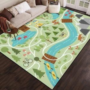 Camping map Summer Camp Nature Clip Art Infographic Elements Mountains Area Rug Outdoor Patio Rug Play Mat Modern Floor Carpet Non-Slip Home Decor Living Room Kids Bedroom Nursery, 6x9 ft (Multi5)