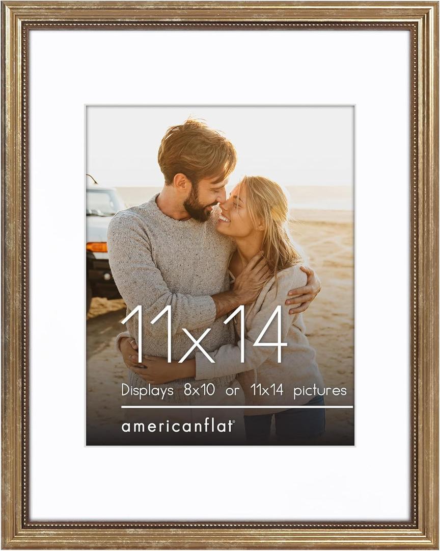 Americanflat Vintage Frames - 11x14 Picture Frame with Beaded Accents and Shatter-Resistant Glass - Use as 8x10 Frame or Display 11x14 Photos Without Mat - Heirloom Collection - Wall Display - Gold