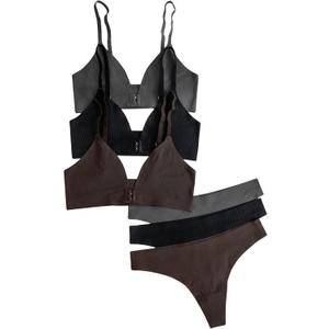OYOANGLE Women's 3 Pack Front Closure Bras and Low Rise Thongs Set No Show Bra Underwear Sets (Medium, Black and Grey) OYOANGLE Women's 3 Pack Front Closure Bras and Low Rise Thongs Set No Show Bra Underwear Sets (Medium, Black and Grey)