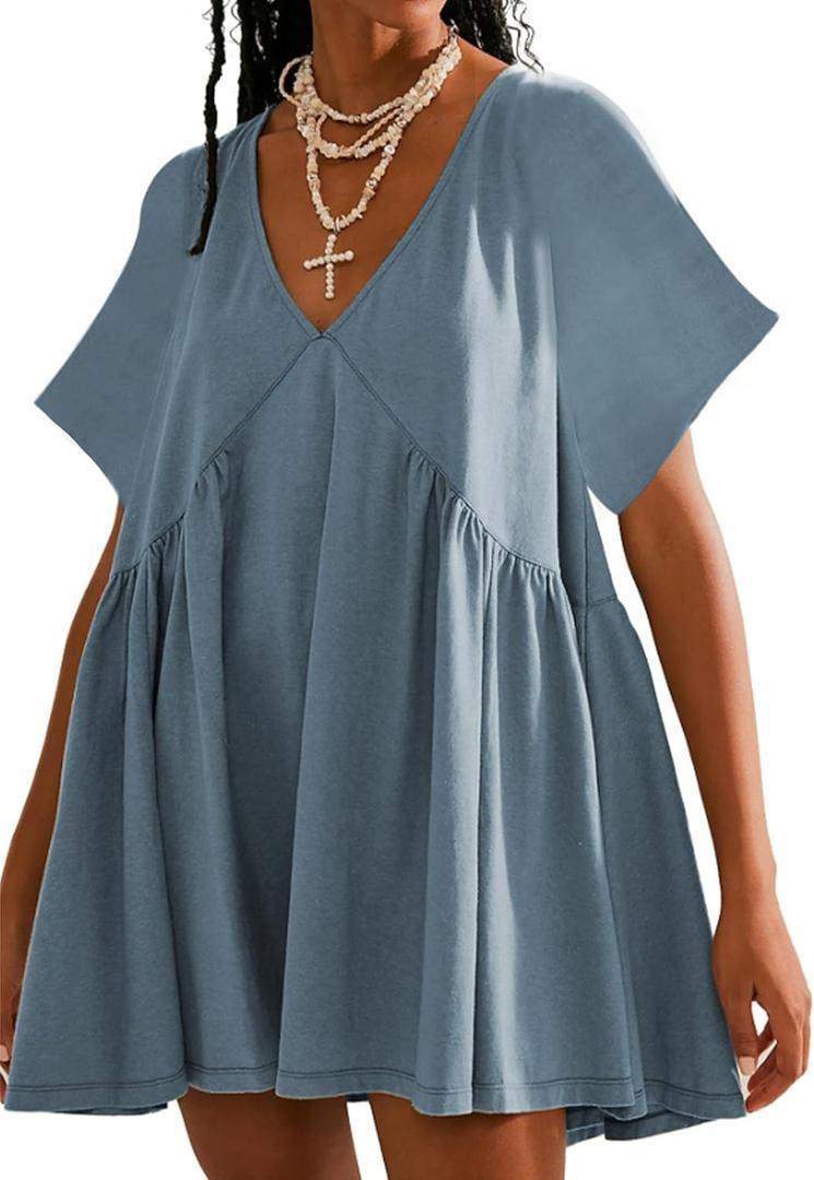 Womens Summer Mini Dress Casual Short Sleeve Loose V Neck Swing Sundress with Pocket (X-Small, Bluegrey)