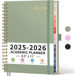 RETTACY Academic Planner 2025-2026, Weekly and Monthly, Large Size (8.5" x 11"), July 2025 - June 2026, for Women, Teacher, Student, School, 12-Month Tabs, Flexible Plastic Cover (Light Green)